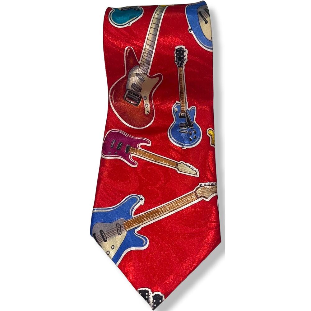 RUDEE RICCO Silk Tie ~ Rock & Roll ~ Electric Guitar ~ Shiny Red Necktie